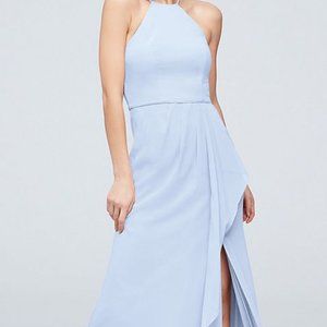 Davids Bridal High Neck Chiffon dress in ICE BLUE